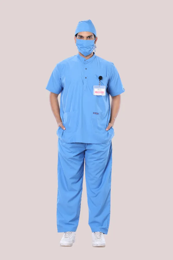 Sky_Blue_5_Pocket_Mandarin_Collar_Scrub_With_Cap_&_Mask_For_Men