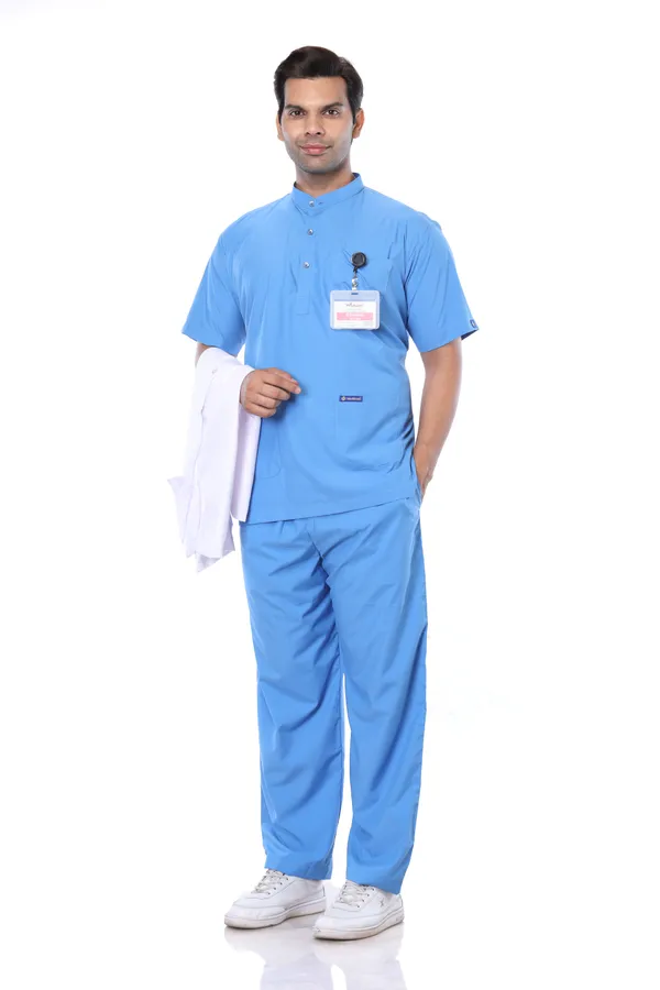 Sky_Blue_5_Pocket_Mandarin_Collar_Scrub_With_Cap_&_Mask_For_Men