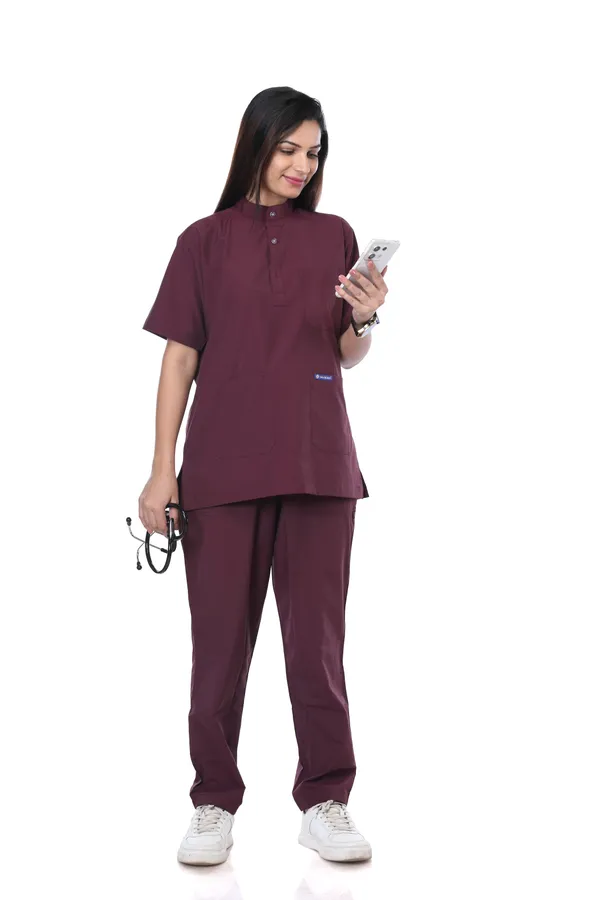 Wine_5_Pocket_Mandarin_Collar_Scrub_With_Cap_&_Mask_For_Women