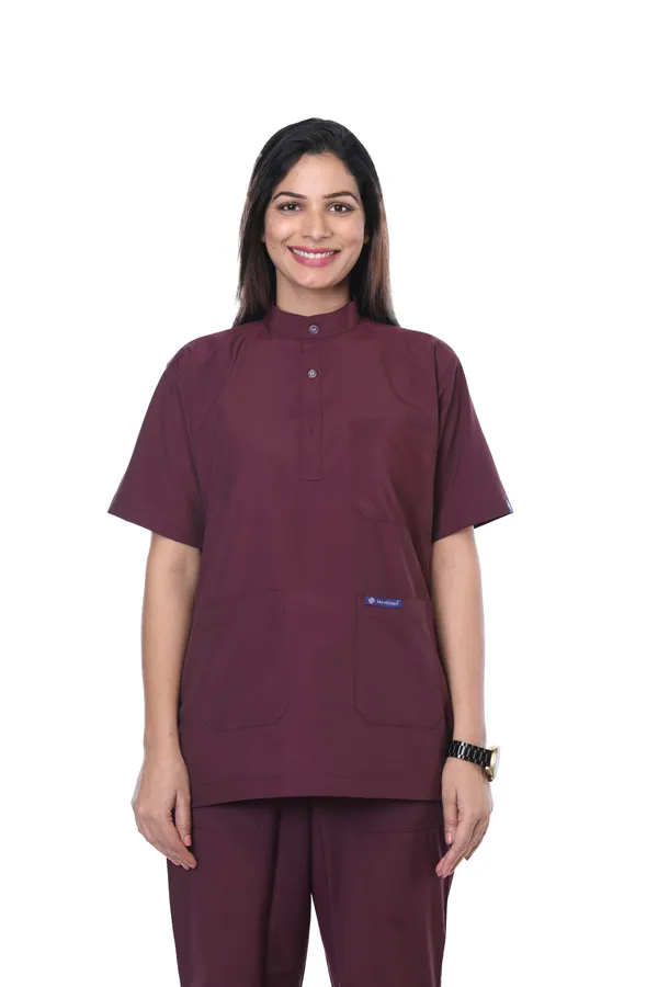 Wine_5_Pocket_Mandarin_Collar_Scrub_With_Cap_&_Mask_For_Women