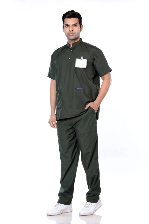 Forest_Green_5_Pocket_Mandarin_Collar_Scrub_With_Cap_&_Mask_For_Men