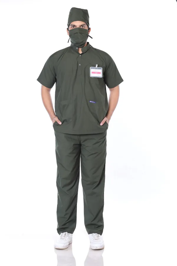 Forest_Green_5_Pocket_Mandarin_Collar_Scrub_With_Cap_&_Mask_For_Men