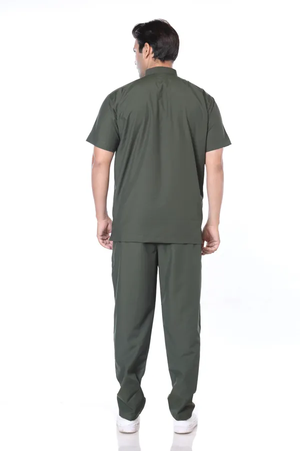 Forest_Green_5_Pocket_Mandarin_Collar_Scrub_With_Cap_&_Mask_For_Men