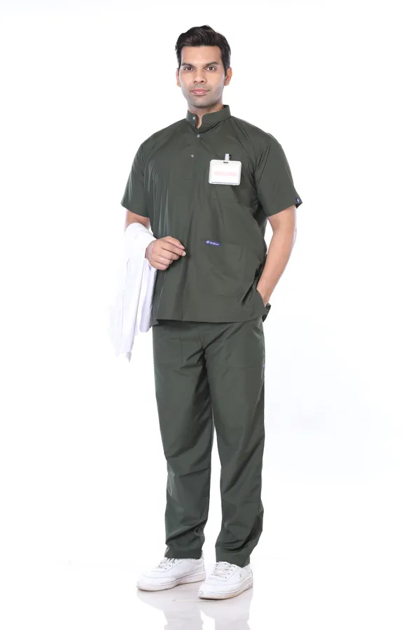 Forest_Green_5_Pocket_Mandarin_Collar_Scrub_With_Cap_&_Mask_For_Men