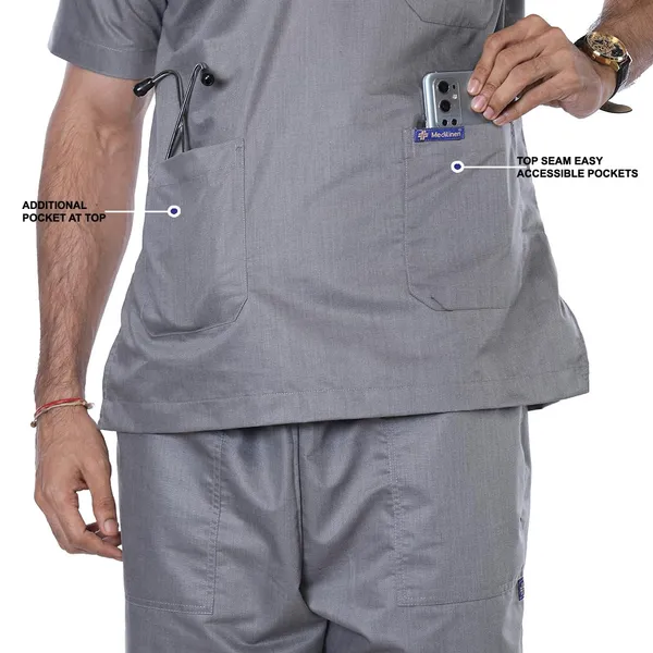 Grey_5_Pocket_Mandarin_Collar_Scrub_With_Cap_&_Mask_For_Men