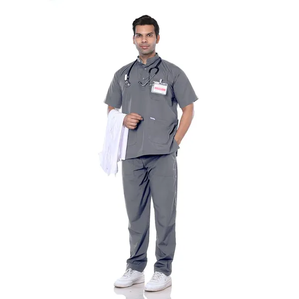 Grey_5_Pocket_Mandarin_Collar_Scrub_With_Cap_&_Mask_For_Men