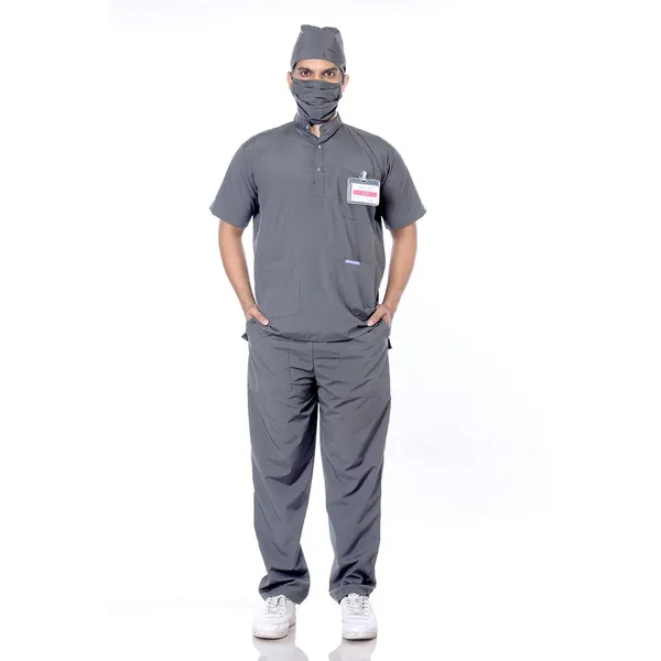 Grey_5_Pocket_Mandarin_Collar_Scrub_With_Cap_&_Mask_For_Men