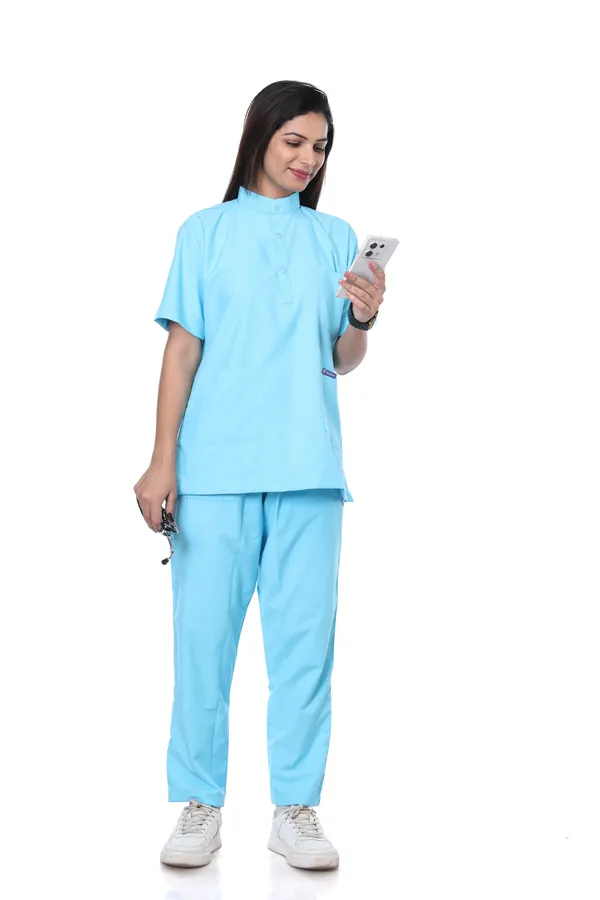 Pastel_Blue_5_Pocket_Mandarin_Collar_Scrub_With_Cap_&_Mask_For_Women