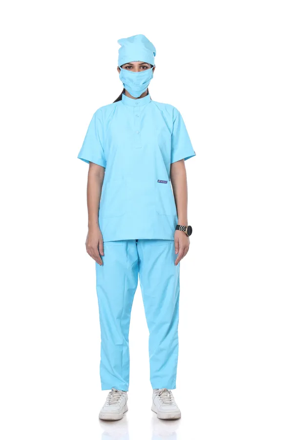 Pastel_Blue_5_Pocket_Mandarin_Collar_Scrub_With_Cap_&_Mask_For_Women