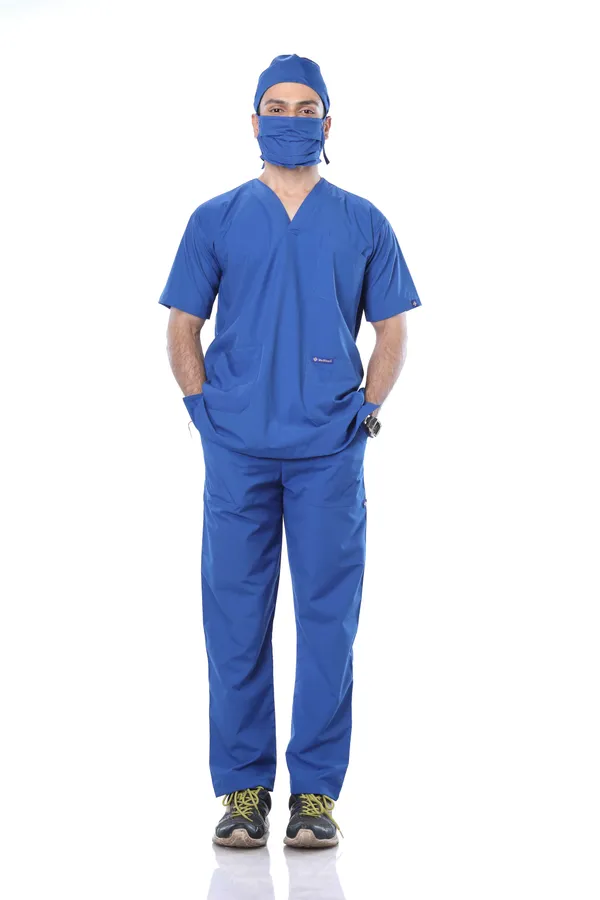 Royal_Blue_5_Pocket_V_Neck_Scrub_With_Cap_&_Mask_For_Men