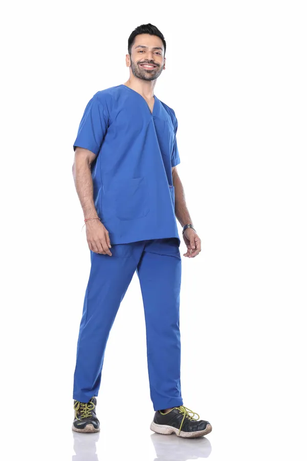 Royal_Blue_5_Pocket_V_Neck_Scrub_With_Cap_&_Mask_For_Men