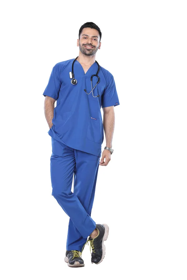 Royal_Blue_5_Pocket_V_Neck_Scrub_With_Cap_&_Mask_For_Men