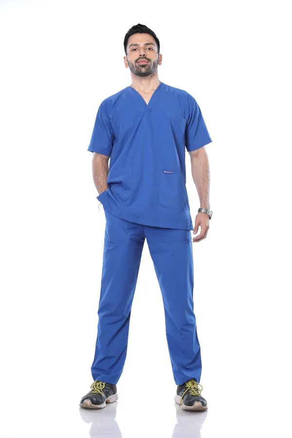 Royal_Blue_5_Pocket_V_Neck_Scrub_With_Cap_&_Mask_For_Men