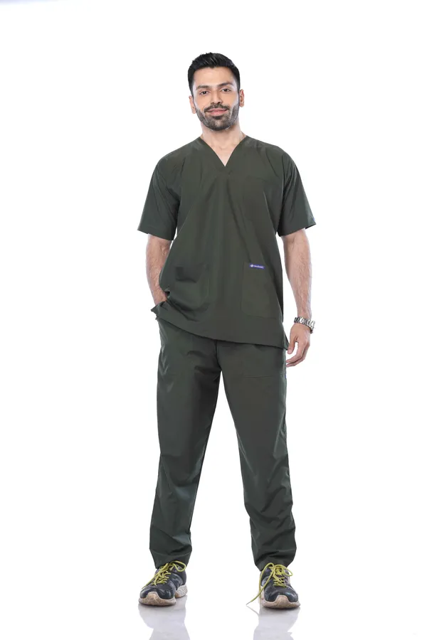 Forest_Green_5_Pocket_V_Neck_Scrub_With_Cap_&_Mask_For_Men