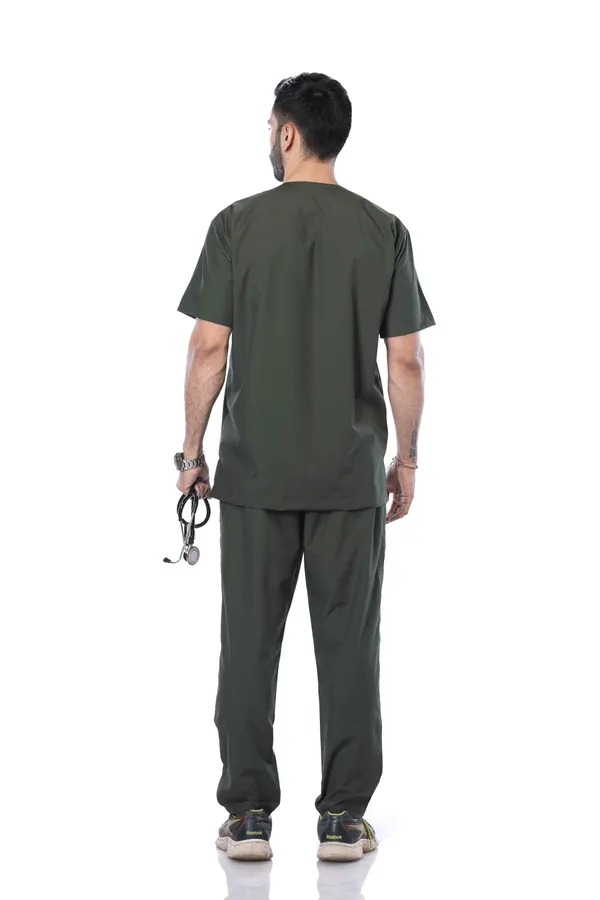 Forest_Green_5_Pocket_V_Neck_Scrub_With_Cap_&_Mask_For_Men