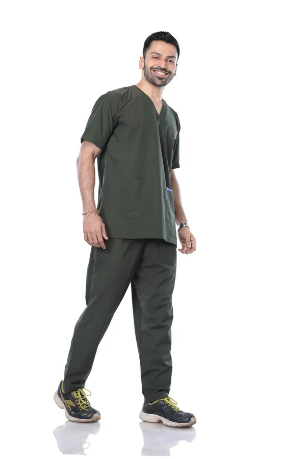 Forest_Green_5_Pocket_V_Neck_Scrub_With_Cap_&_Mask_For_Men