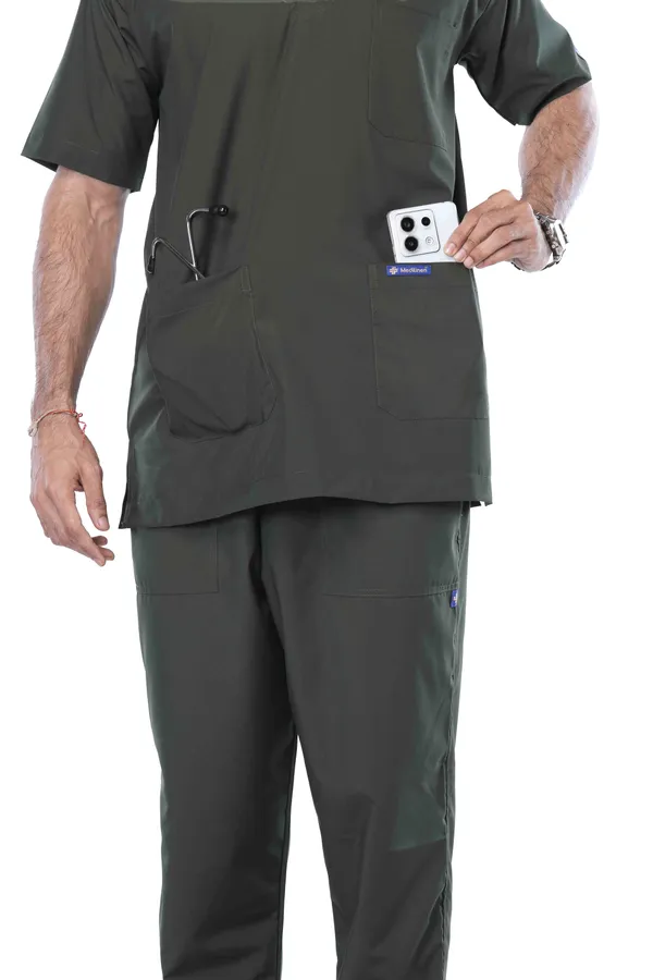 Forest_Green_5_Pocket_V_Neck_Scrub_With_Cap_&_Mask_For_Men