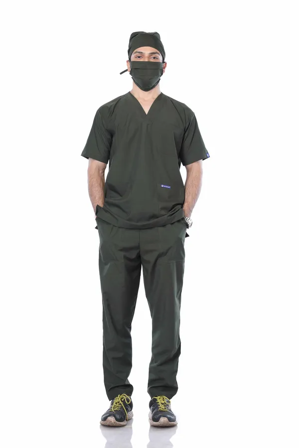 Forest_Green_5_Pocket_V_Neck_Scrub_With_Cap_&_Mask_For_Men