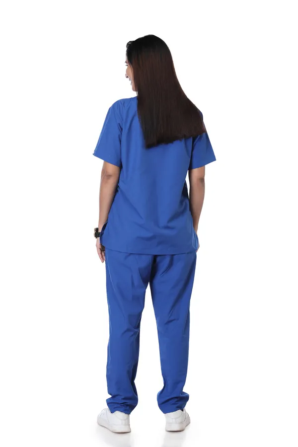 Royal_Blue_9_Pocket_Scrub_V_Neck_With_Cap_&_Mask_For_Women