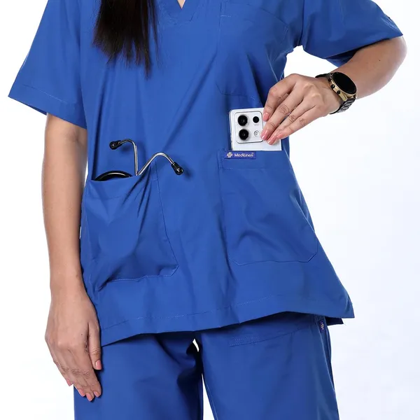 Royal_Blue_9_Pocket_Scrub_V_Neck_With_Cap_&_Mask_For_Women