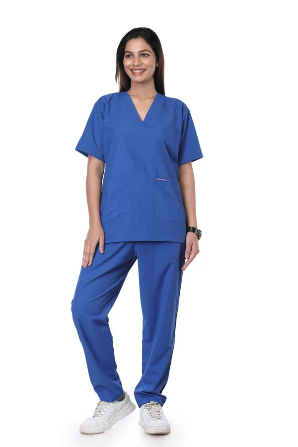 Royal_Blue_9_Pocket_Scrub_V_Neck_With_Cap_&_Mask_For_Women