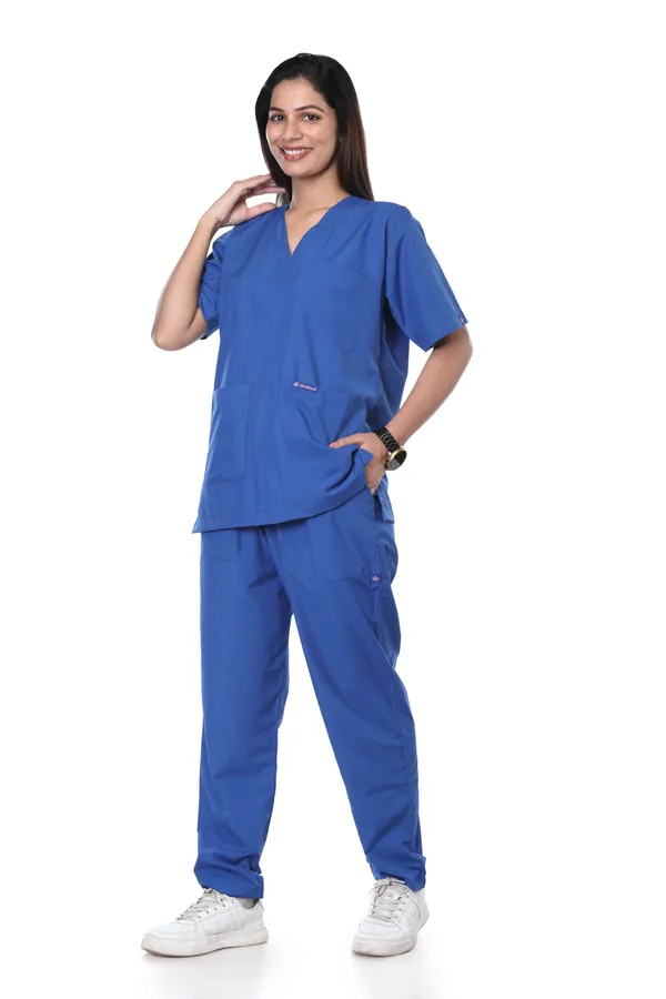 Royal_Blue_9_Pocket_Scrub_V_Neck_With_Cap_&_Mask_For_Women