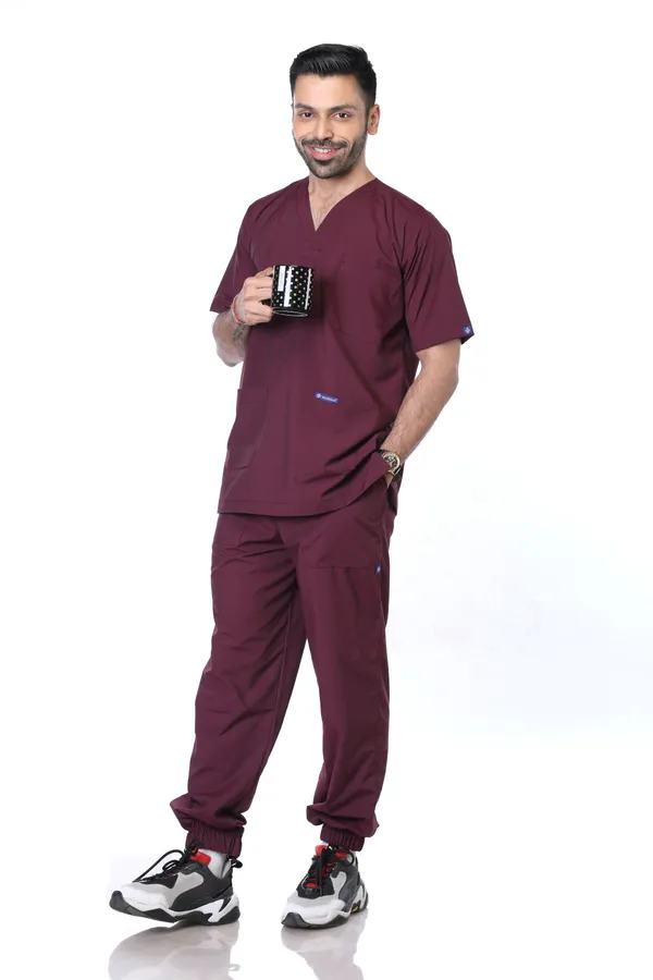 Wine_7_Pocket_V_Neck_Scrub_With_Cap_&_Mask_For_Men