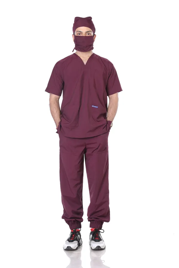 Wine_7_Pocket_V_Neck_Scrub_With_Cap_&_Mask_For_Men