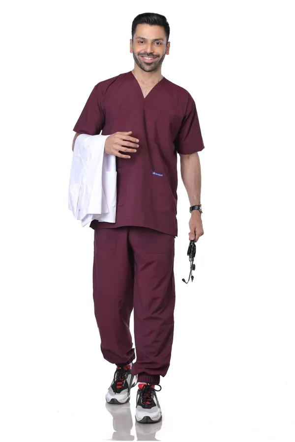Wine_7_Pocket_V_Neck_Scrub_With_Cap_&_Mask_For_Men