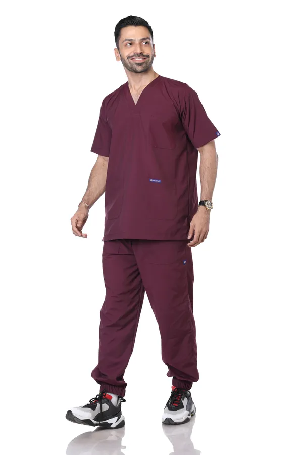 Wine_7_Pocket_V_Neck_Scrub_With_Cap_&_Mask_For_Men