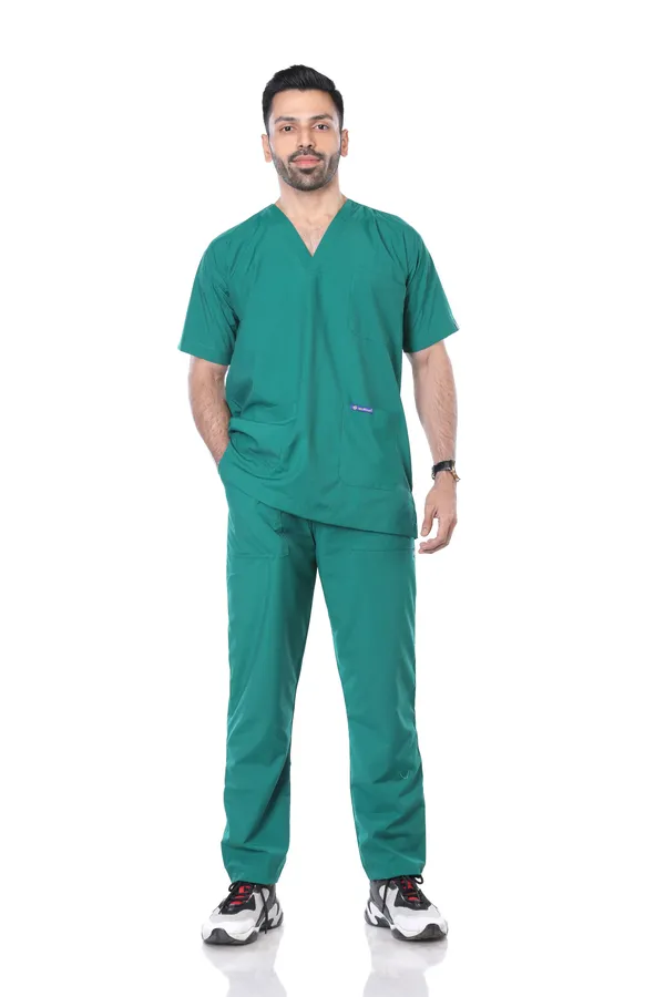 Green_9_Pocket_Scrub_V_Neck_With_Cap_&_Mask_For_Men