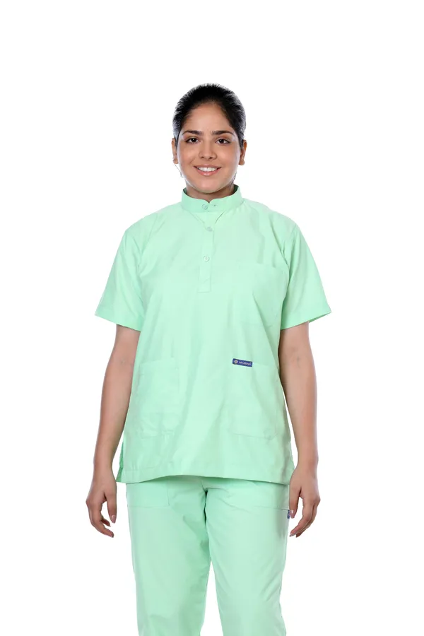 Pastel_Green_7_Pocket_Mandarin_Collar_Scrub_With_Cap_&_Mask_For_Women