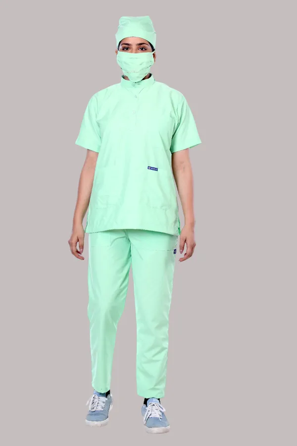 Pastel_Green_7_Pocket_Mandarin_Collar_Scrub_With_Cap_&_Mask_For_Women