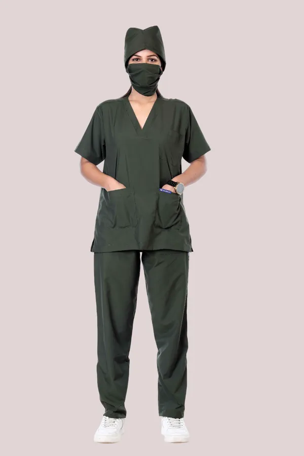 Forest_Green_9_Pocket_Scrub_V_Neck_With_Cap_&_Mask_For_Women