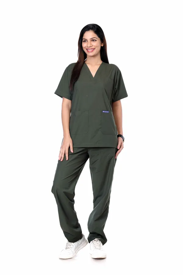 Forest_Green_9_Pocket_Scrub_V_Neck_With_Cap_&_Mask_For_Women