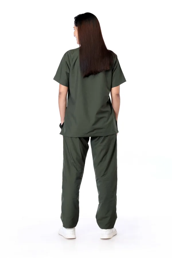 Forest_Green_9_Pocket_Scrub_V_Neck_With_Cap_&_Mask_For_Women