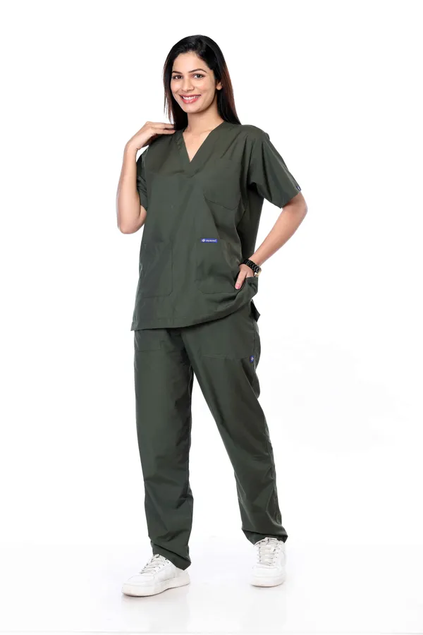 Forest_Green_9_Pocket_Scrub_V_Neck_With_Cap_&_Mask_For_Women
