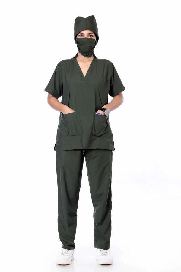 Forest_Green_9_Pocket_Scrub_V_Neck_With_Cap_&_Mask_For_Women
