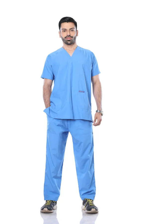 Sky_Blue_5_Pocket_V_Neck_Scrub_With_Cap_&_Mask_For_Men
