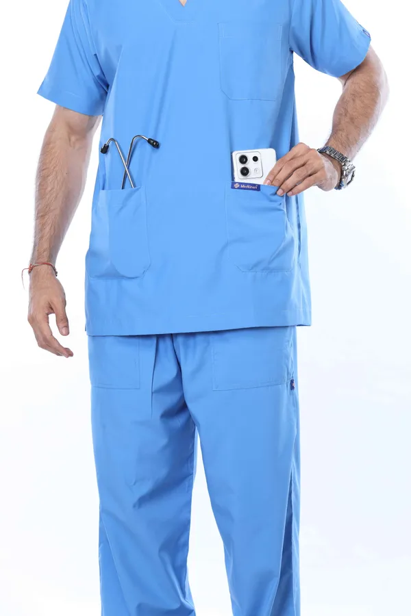 Sky_Blue_5_Pocket_V_Neck_Scrub_With_Cap_&_Mask_For_Men