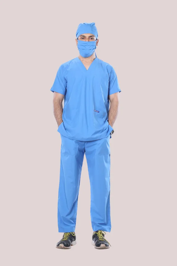 Sky_Blue_5_Pocket_V_Neck_Scrub_With_Cap_&_Mask_For_Men