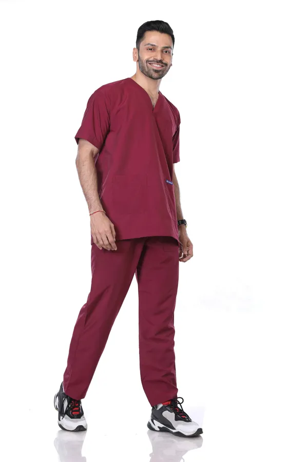 Maroon_5_Pocket_V_Neck_Scrub_With_Cap_&_Mask_For_Men
