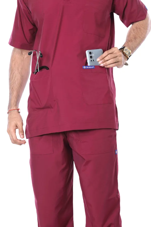 Maroon_5_Pocket_V_Neck_Scrub_With_Cap_&_Mask_For_Men