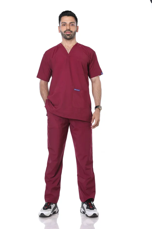 Maroon_5_Pocket_V_Neck_Scrub_With_Cap_&_Mask_For_Men