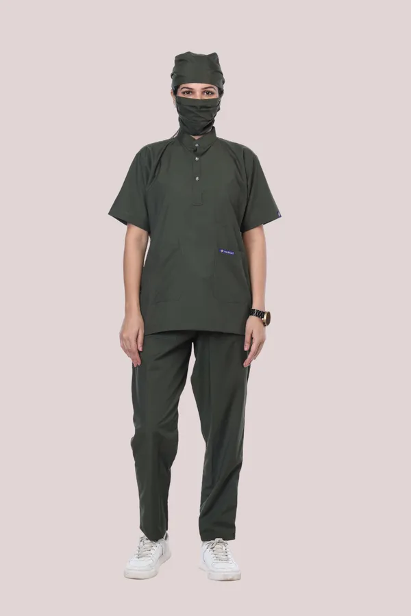 Forest_Green_7_Pocket_Mandarin_Collar_Scrub_With_Cap_&_Mask_For_Women