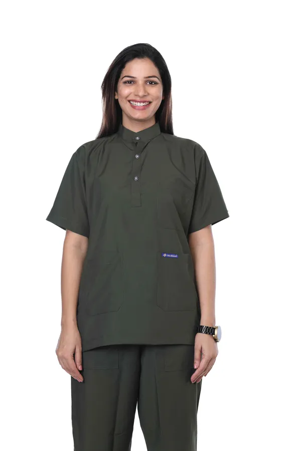 Forest_Green_7_Pocket_Mandarin_Collar_Scrub_With_Cap_&_Mask_For_Women