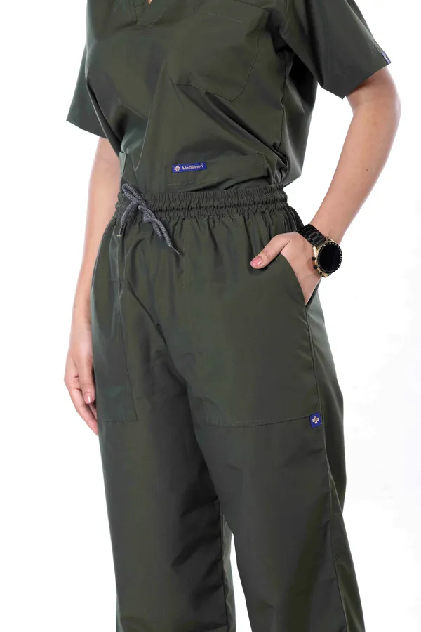 Forest_Green_7_Pocket_Mandarin_Collar_Scrub_With_Cap_&_Mask_For_Women