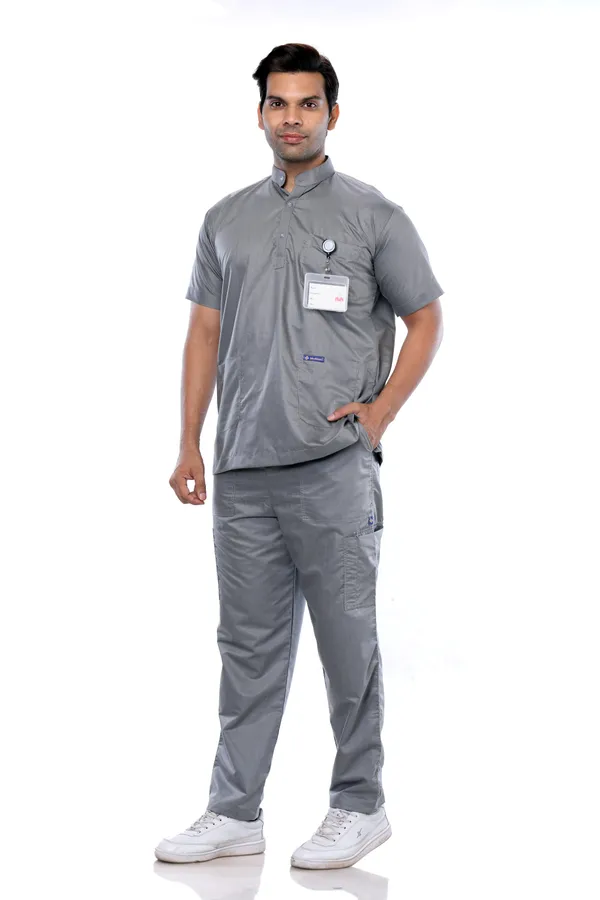 Grey_9_Pocket_Mandarin_Collar_Scrub_With_Cap_&_Mask_For_Men