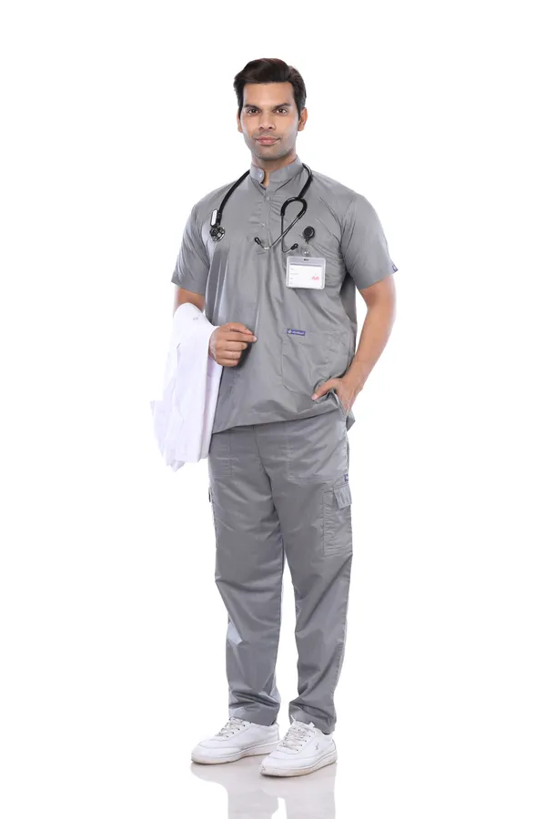 Grey_9_Pocket_Mandarin_Collar_Scrub_With_Cap_&_Mask_For_Men