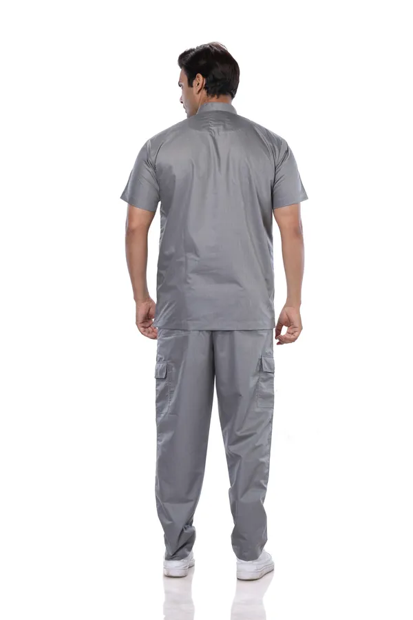 Grey_9_Pocket_Mandarin_Collar_Scrub_With_Cap_&_Mask_For_Men